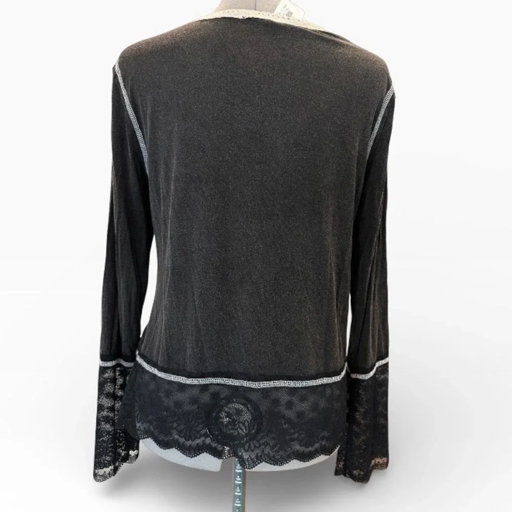 POL Womens Y2k Boho Lace Trim Long‎ Sleeve Henley Top Gray Crochet V-Neck Large